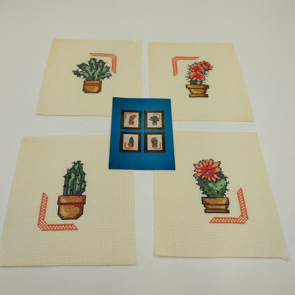 Set of 4 Completed Cross Stitch Desert Plants Cactus Succulent Art 6x7 Unframed